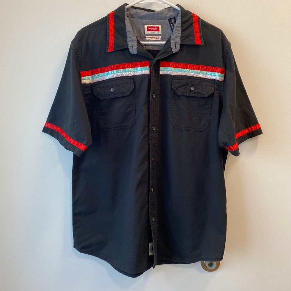 Wrangler Button Down Shirt Sz M Black Ribbon Detail Western Cowboy Custom Unique
